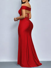 Women's Off-the-Shoulder Bodycon Evening Dress - Solid Color with Side Slit, Machine Washable Lightweight Formal Party Dress for All Seasons, Allseason Attire, Elegant Design