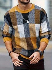 Men'S Casual Plaid Sweater - Cozy Crew Neck Pullover with Brown, Beige, Black & White Checkered Pattern, Loose Fit, Warm for Fall & Winter, Everyday Comfort, Sweater Vest