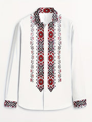 Men's Tribal Ethnic Print Long Sleeve Dress Shirt - 100% Polyester, Classic Collar & Button-Up Front, Machine Washable, Spring/Fall Casual to Formal Wear