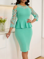 A mint green knee-length bodycon dress featuring off-shoulder lace sleeves and a peplum waist.
