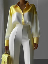 Women'S Color Block Long Sleeve Blouse with Lapel Collar and Button Front - Stylish Casual Patchwork Shirt for Casual Attire, Yellow and White, Polyester Fabric, Long Sleeve Blouse