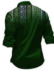 Men's Dark Green Ethnic-Style Long Sleeve Shirt with Colorful Geometric Print - Regular Fit Button-Up Casual Shirt, Machine Washable All-Season Top for Adults, Versatile Clothing, Exotic Design, Digital Print, Printed Blouse,