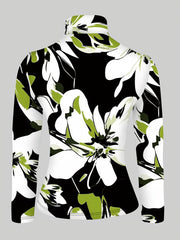 1pc Women'S Sexy Floral Print High Neck Turtleneck Long Sleeve T-Shirt, 100% Polyester Knit Fabric, Regular Length All-Season Top