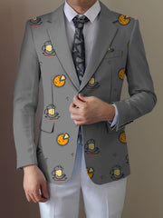 A grey men's casual blazer featuring a repeating cartoon pattern of pizza and beer mugs.