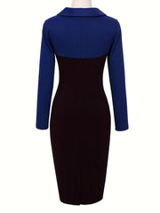 A long-sleeved pencil dress featuring a blue houndstooth bodice and a solid black skirt.