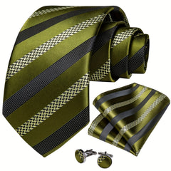 Men's Green Striped Silk Tie Set with Pocket Square, Hanky, and Cufflinks - Herringbone Pattern, Ideal for Weddings and Formal Events