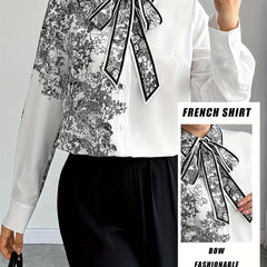 Women's Elegant Blouse - Semi-Sheer Buttoned-up Shirt with Floral bow tie, White & Navy Blue Floral Print, Long Sleeve Office Party Top for Women, Sophisticated Attire, Classic Collared Design, Detailed Print Design
