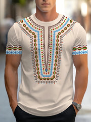 Men's African-Inspired Print T-Shirt - Soft Stretch Knit Crew Neck, White with Multicolor Tribal Pattern (Green/Blue/Red/Yellow), Machine Washable Non-See-Through Shirt for Casual, Office & Party Wear - Nigerian Style Attire