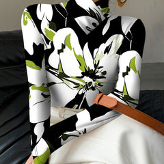 1pc Women'S Sexy Floral Print High Neck Turtleneck Long Sleeve T-Shirt, 100% Polyester Knit Fabric, Regular Length All-Season Top