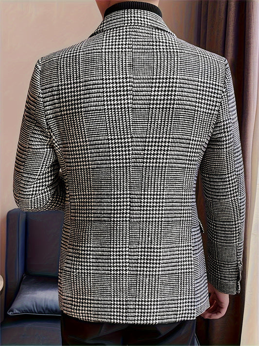 1pc Men'S Classic Houndstooth Blazer - Casual Polyester Suit Jacket with Lapel Collar, Button Details, Woven Fabric, Non-Stretch - Regular Fit for Spring/Fall Season