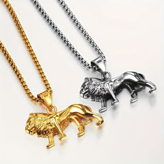 Two stainless steel lion pendant necklaces in gold and silver tones on matching box chains.