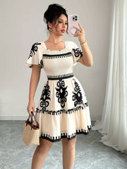 Elegant Mini Dress with a Square Neckline, Featuring Fashionable Prints, Pleats, a Cinched Waist for a Slimming Effect, And Ruffled Edges with an A-Line Hem.