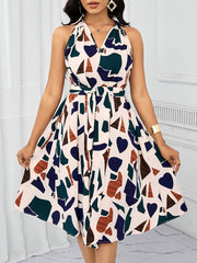 Women's Casual Summer Dress - Notch V-Neck Geometric Print with Bow Waist Tie, Lightweight Machine-Washable A-Line Silhouette for Spring/Summer, Versatile for Casual & Semi-Formal Occasions, Cute Summer Dresses