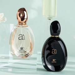 Two DICOO perfume bottles, one clear with a rose gold cap and one black with a black cap.