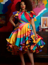 A woman wears a multicolor geometric print midi dress with a crew neck and ruffled hem.