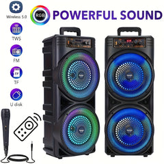 Two portable dual-speaker systems with RGB lighting, a microphone, and a remote control.