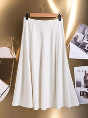 A solid white A-line midi skirt hangs on a wooden hanger against a gold background.