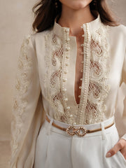 Women's Elegant Lace-Trimmed Semi-Sheer Long Sleeve Shirt - Stand Collar Button-Front Blouse with Puffed Shoulders, Machine Washable Lightweight Top for Spring Summer Fall, Versatile Casual to Formal Wear, Seasonal Wardrobe S