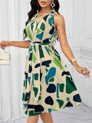 Women's Casual Summer Dress - Notch V-Neck Geometric Print with Bow Waist Tie, Lightweight Machine-Washable A-Line Silhouette for Spring/Summer, Versatile for Casual & Semi-Formal Occasions, Cute Summer Dresses