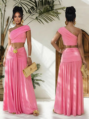 Trendsi one-shoulder top and ruched maxi skirt set featuring a stylish, fitted design in a soft, elegant fabric.