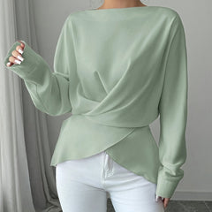 Women'S Elegant Off-Shoulder Long Sleeve Blouse with Front Cross Tie Waist - Soft Green, Ribbed Texture, Perfect for Fall & Winter, Stylish Layering Piece, Allseason Blouse | Offshoulder Top | Ribbed Texture Shirt