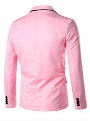 A back view of a solid pink men's casual blazer featuring a lapel collar and black sleeve buttons.