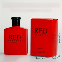 A red bottle of Red Intense eau de parfum for men stands next to its matching red box.