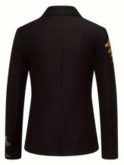 A black men's business suit jacket with gold floral accents on the sleeves and a lapel collar.