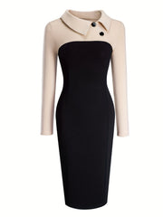 A long-sleeved, slim-fit pencil dress featuring a black body and a beige collar with button detail.