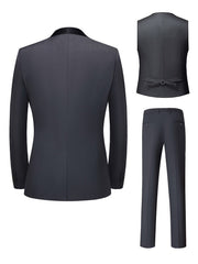 A three-piece dark grey suit set featuring a shawl collar jacket, a vest, and slim fit pants.