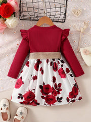 1 - 7 Years Children Girls New Year Dress Red Long Sleeved Flower Skirt for Birthday Wedding Party Wear Fashion Autumn Outfits - SHOWLU FASHION STORE