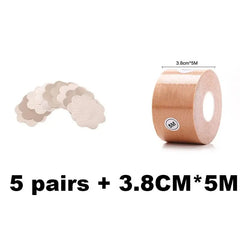 A roll of 5M breast lift tape and five pairs of nipple covers are shown. Text reads: 5 pairs + 3.8CM*5M, matching the "1 Roll 5M Women Breast Nipple Covers Push Up Bra Body Invisible Breast Lift Tape" product details.