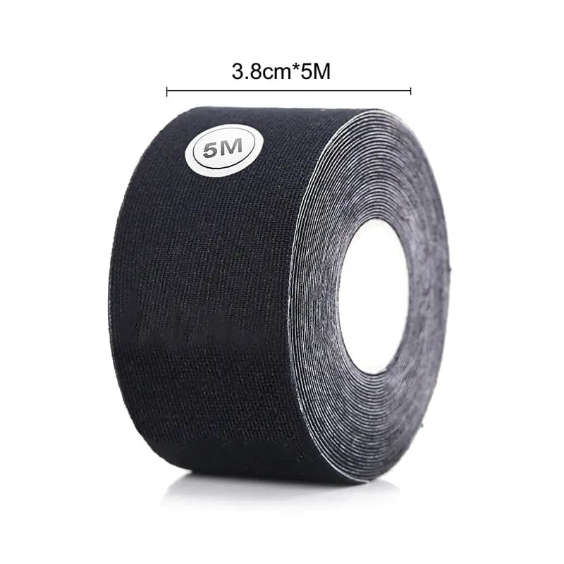 A black 5M roll of Women Breast Lift Tape (3.8 cm x 5 m) stands upright with a white core, ideal for use with adhesive bras or nipple covers. Product: 1 Roll 5M Women Breast Nipple Covers Push Up Bra Invisible Lift Tape Bralette Pasties.