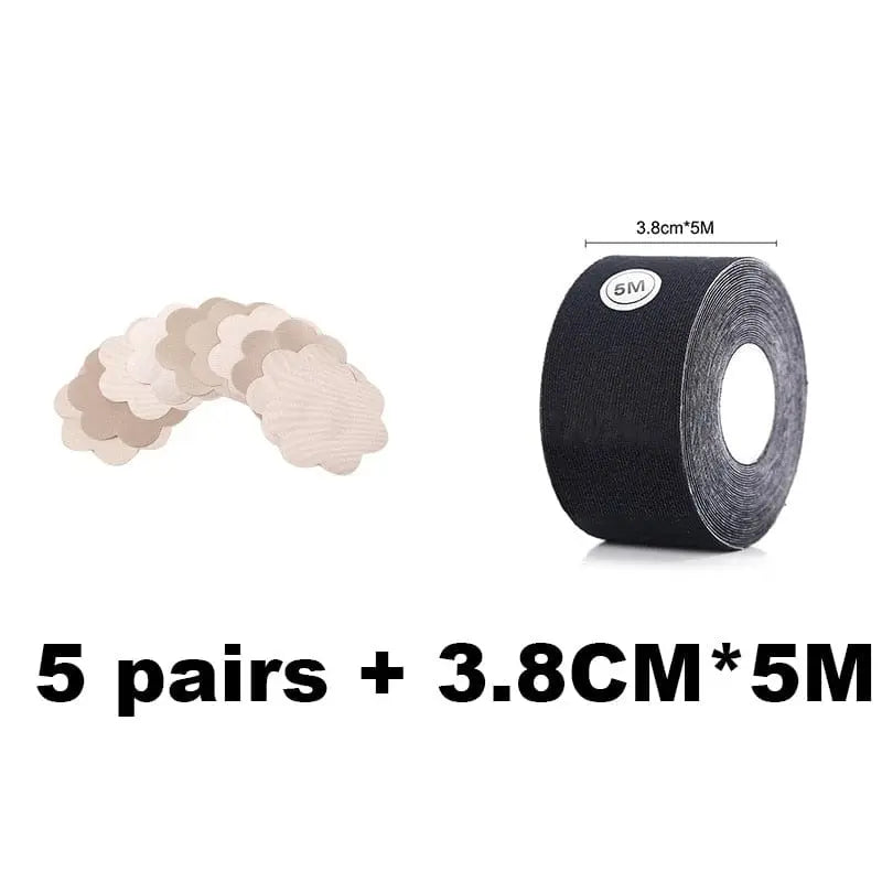 Image shows five pairs of beige flower-shaped nipple covers next to a 3.8cm x 5m black roll of breast lift tape from the "1 Roll 5M Women Breast Nipple Covers Push Up Bra Body Invisible Breast Lift Tape" set. Text: 5 pairs + 3.8CM*5M.