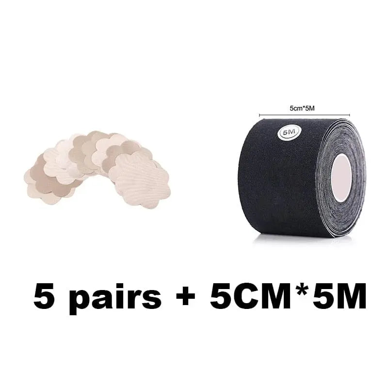 A set includes 10 beige flower nipple covers and 1 roll (5cm x 5m) of black breast lift tape, shown as "5 pairs + 5CM*5M" — perfect for invisible support with the Women Breast Nipple Covers & Lift Tape Push Up Bra.