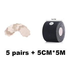 A set includes 10 beige flower nipple covers and 1 roll (5cm x 5m) of black breast lift tape, shown as "5 pairs + 5CM*5M" — perfect for invisible support with the Women Breast Nipple Covers & Lift Tape Push Up Bra.