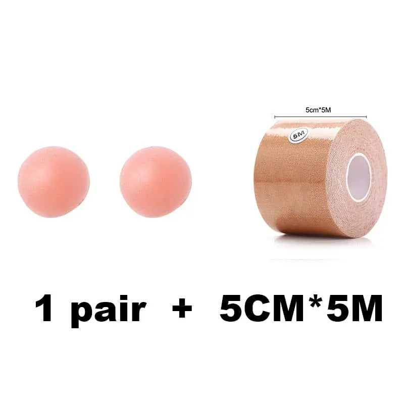 A pair of round, skin-toned nipple covers and a tan 5cm x 5m breast lift tape (1 Roll 5M Women Breast Nipple Covers Push Up Bra Body Invisible Tape) are shown with "1 pair + 5CM*5M" in bold black text below.