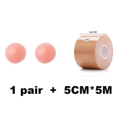 A pair of round, skin-toned nipple covers and a tan 5cm x 5m breast lift tape (1 Roll 5M Women Breast Nipple Covers Push Up Bra Body Invisible Tape) are shown with "1 pair + 5CM*5M" in bold black text below.
