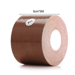 The 1 Roll 5M Women Breast Nipple Covers Push Up Bra Body Invisible Breast Lift Tape is a brown kinesiology tape, measuring 5 cm wide by 5 m long, ideal for adhesive bras and breast lift; marked “5M” above the roll.