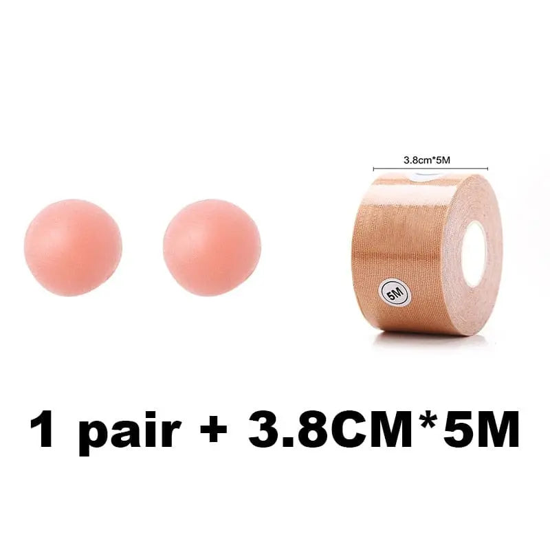 A pair of round, flesh-toned silicone nipple covers and a 3.8CM x 5M roll of invisible breast lift tape offer discreet coverage and support. Product: Push Up Bra Body Invisible Breast Lift Tape & Nipple Covers Adhesive Bralette Pasties (1 Pair + 3.8CM*5M).