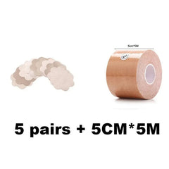 Featuring five pairs of beige flower-shaped nipple covers and a 5 cm x 5 m roll of breast lift tape, labeled 5 pairs + 5CM*5M beneath. Product: 1 Roll 5M Women Breast Nipple Covers Push Up Bra Body Invisible Breast Lift Tape.
