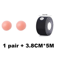 A pair of round, flesh-colored nipple covers is shown next to a black roll of 5M breast lift tape. Label reads "1 Pair + 3.8CM*5M". Product: Invisible Breast Lift Tape & Nipple Covers Push Up Bra Adhesive Intimates for Women.