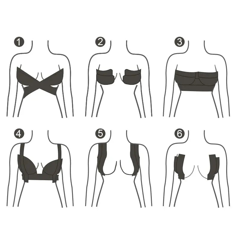 Illustration of six ways to use the 1 Roll 5M Women Breast Nipple Covers Push Up Bra Body Invisible Breast Lift Tape, showing various taping techniques for bra-free support and styles on a simplified female torso.
