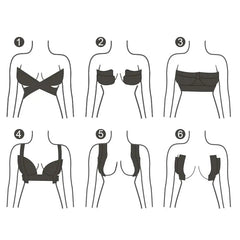 Illustration of six ways to use the 1 Roll 5M Women Breast Nipple Covers Push Up Bra Body Invisible Breast Lift Tape, showing various taping techniques for bra-free support and styles on a simplified female torso.