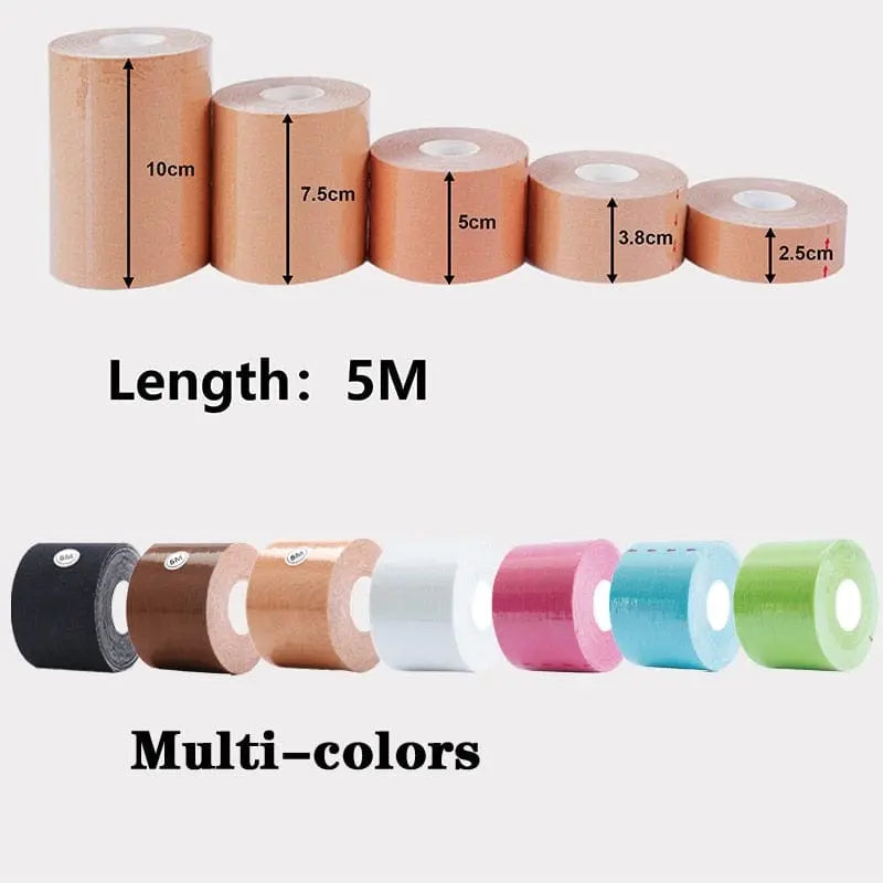 A roll of 5M Women Breast Lift Tape, also known as Nipple Covers Push Up Bra or Invisible Adhesive Bralette Pasties, is displayed in various widths above the "Length: 5M" label and in multiple colors with the text "Multi-colors" below.