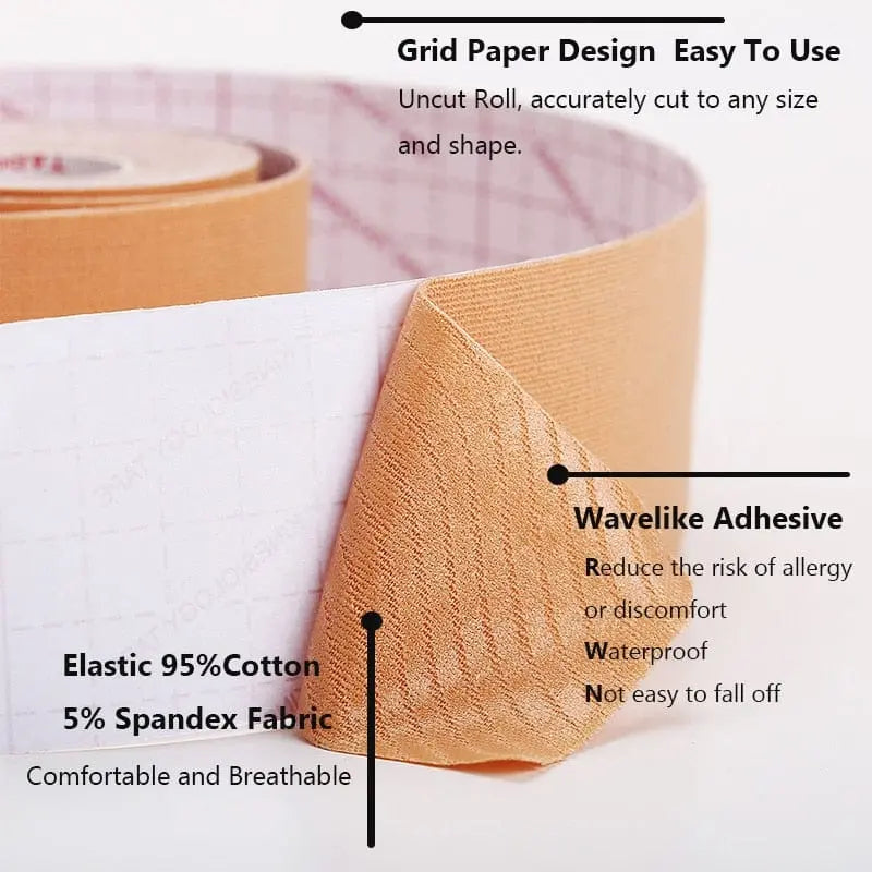 A close-up of the 1 Roll 5M Women Breast Nipple Covers Push Up Bra Lift Tape shows its grid design, wavelike adhesive, and 95% cotton/5% spandex blend. It's waterproof, breathable, comfortable, and easy to use with grid paper backing.