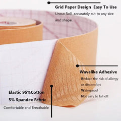 A close-up of the 1 Roll 5M Women Breast Nipple Covers Push Up Bra Lift Tape shows its grid design, wavelike adhesive, and 95% cotton/5% spandex blend. It's waterproof, breathable, comfortable, and easy to use with grid paper backing.