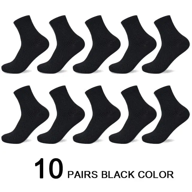 Ten pairs of men's bamboo fiber black compression socks (sizes 42-45) are arranged in two rows, with the text "10 Pairs Black Color" below.