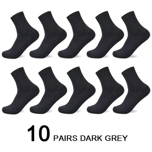 Ten pairs of men's bamboo fiber socks (size 42-45) are arranged in two rows, with the text "10 PAIRS BLACK" written below. These 2022 new compression socks are perfect for business or casual wear in autumn.