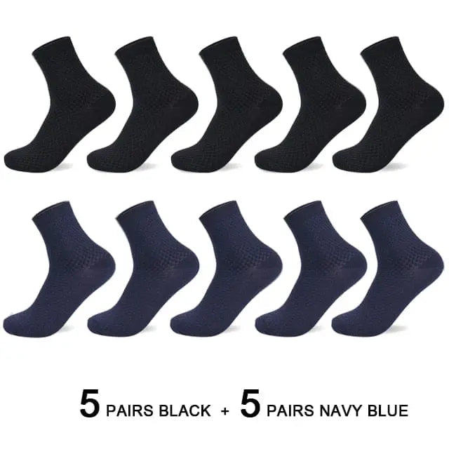 Ten pairs of men's bamboo fiber socks are displayed in two rows: five pairs of black and five pairs of navy blue compression dress socks, size 42-45, labeled "5 pairs black + 5 pairs navy blue.